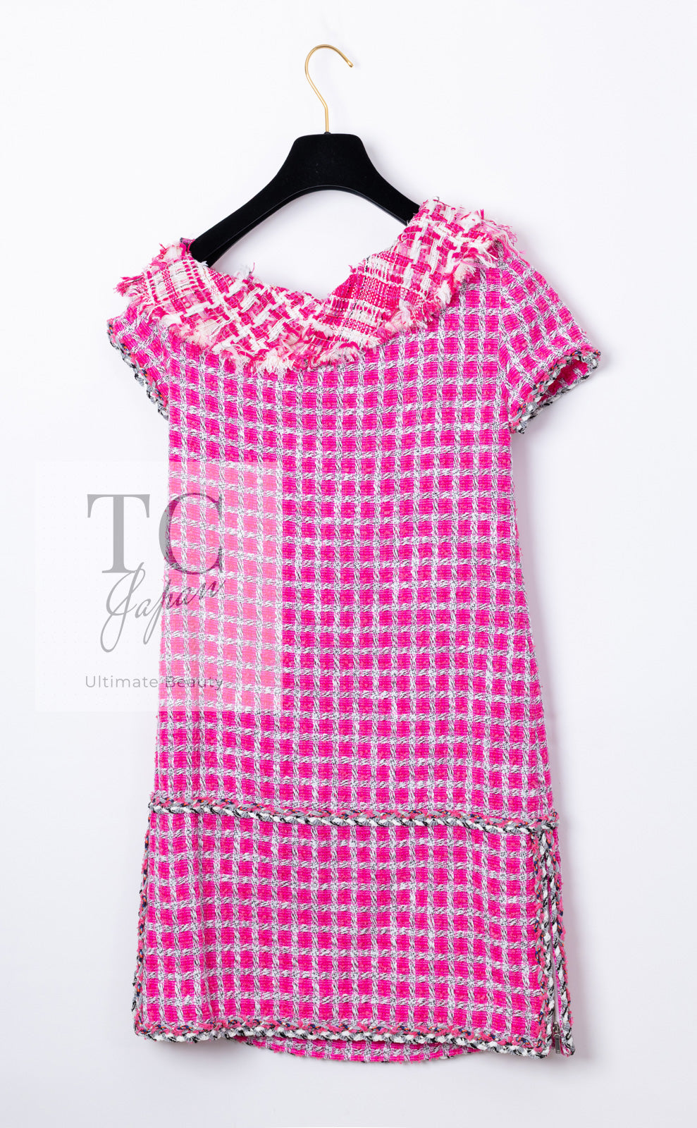 CHANEL 14S Pink White Metallic Trim Cotton Tweed Dress 36 シャネル ピンク ホワイト メタリック トリム コットン ツイード ワンピース 即発