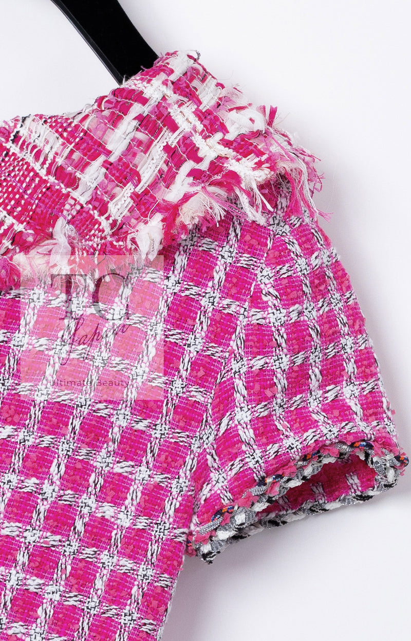 CHANEL 14S Pink White Metallic Trim Cotton Tweed Dress 36 シャネル ピンク ホワイト メタリック トリム コットン ツイード ワンピース 即発