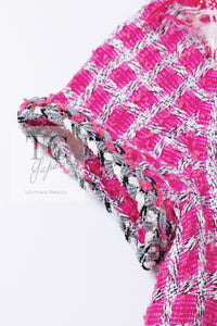 CHANEL 14S Pink White Metallic Trim Cotton Tweed Dress 36 シャネル ピンク ホワイト メタリック トリム コットン ツイード ワンピース 即発