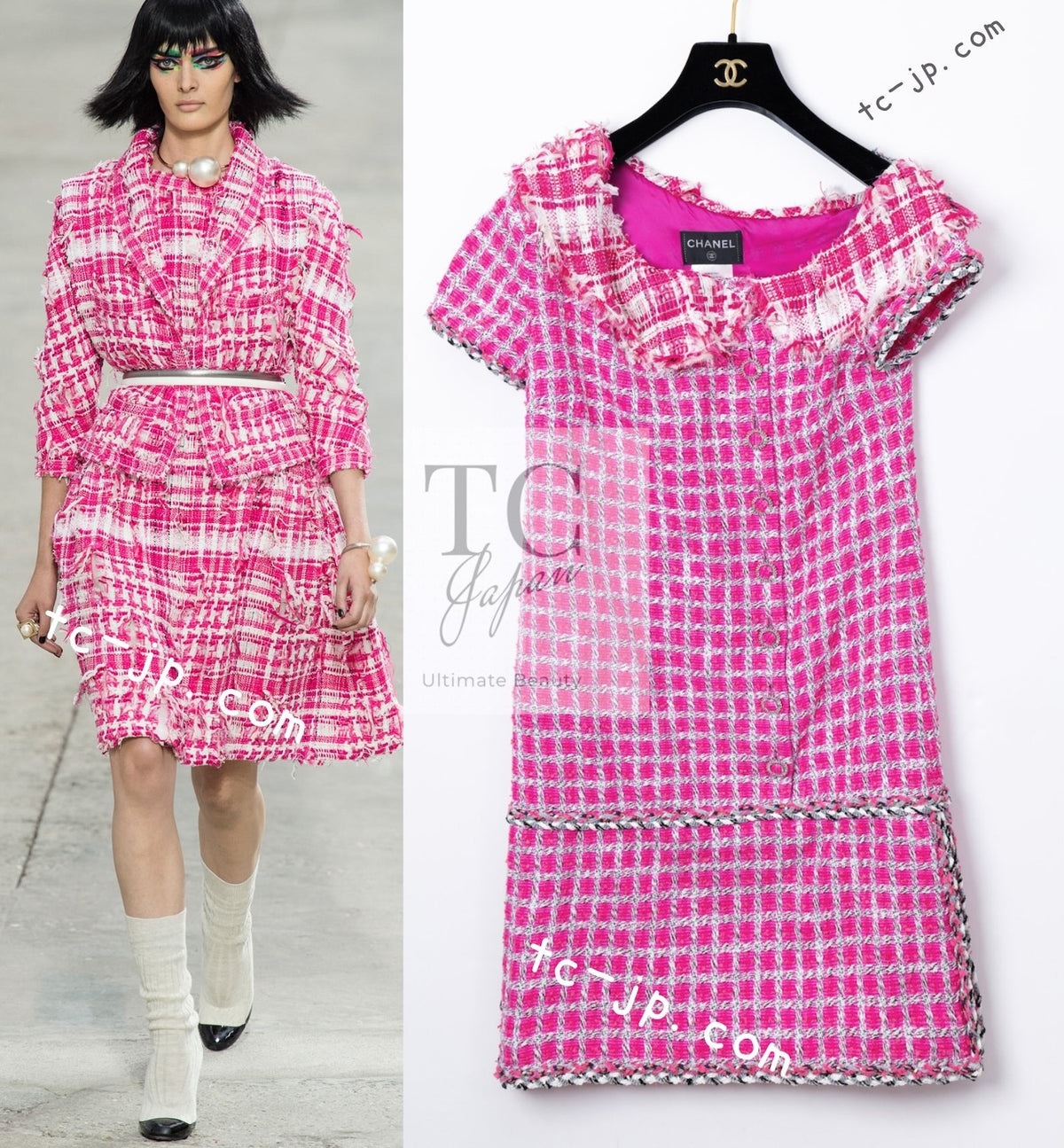 CHANEL 14S Pink White Metallic Trim Cotton Tweed Dress 36 シャネル ピンク ホワイト メタリック トリム コットン ツイード ワンピース 即発