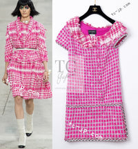 CHANEL 14S Pink White Metallic Trim Cotton Tweed Dress 36 シャネル ピンク ホワイト メタリック トリム コットン ツイード ワンピース 即発