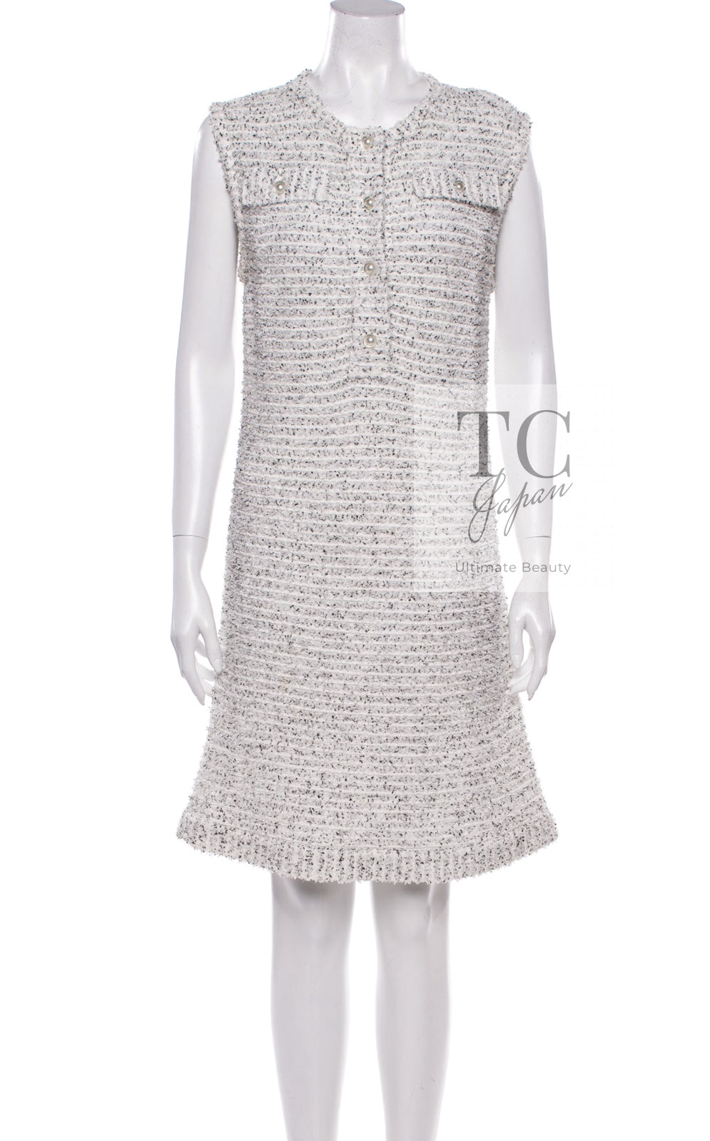 CHANEL 16PS White Gray Sleeveless CC Buttons Stretch Knit Dress 36 シャネル ホワイト グレー ストレッチ ノースリーブ CC ボタン ニット ワンピース 即発