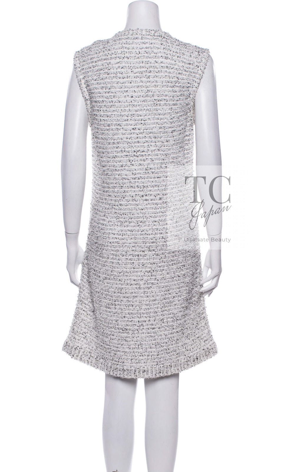 CHANEL 16PS White Gray Sleeveless CC Buttons Stretch Knit Dress 36 シャネル ホワイト グレー ストレッチ ノースリーブ CC ボタン ニット ワンピース 即発