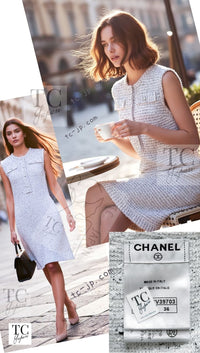 CHANEL 16PS White Gray Sleeveless CC Buttons Stretch Knit Dress 36 シャネル ホワイト グレー ストレッチ ノースリーブ CC ボタン ニット ワンピース 即発