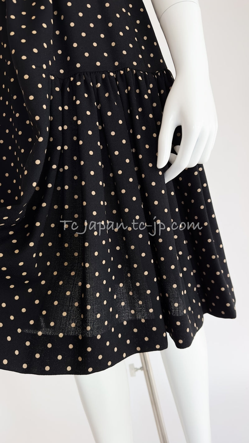 CHANEL 89S Black Beige Wool Dot Print Dress 34 36 シャネル ブラック ベージュ ウール ドット柄 ワンピース 即発