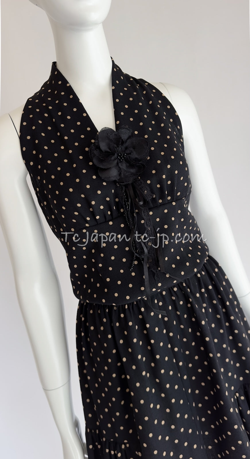 CHANEL 89S Black Beige Wool Dot Print Dress 34 36 シャネル ブラック ベージュ ウール ドット柄 ワンピース 即発
