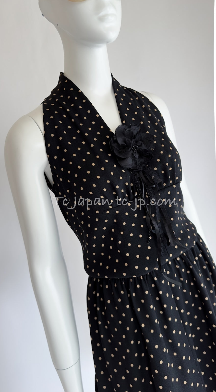 CHANEL 89S Black Beige Wool Dot Print Dress 34 36 シャネル ブラック ベージュ ウール ドット柄 ワンピース 即発