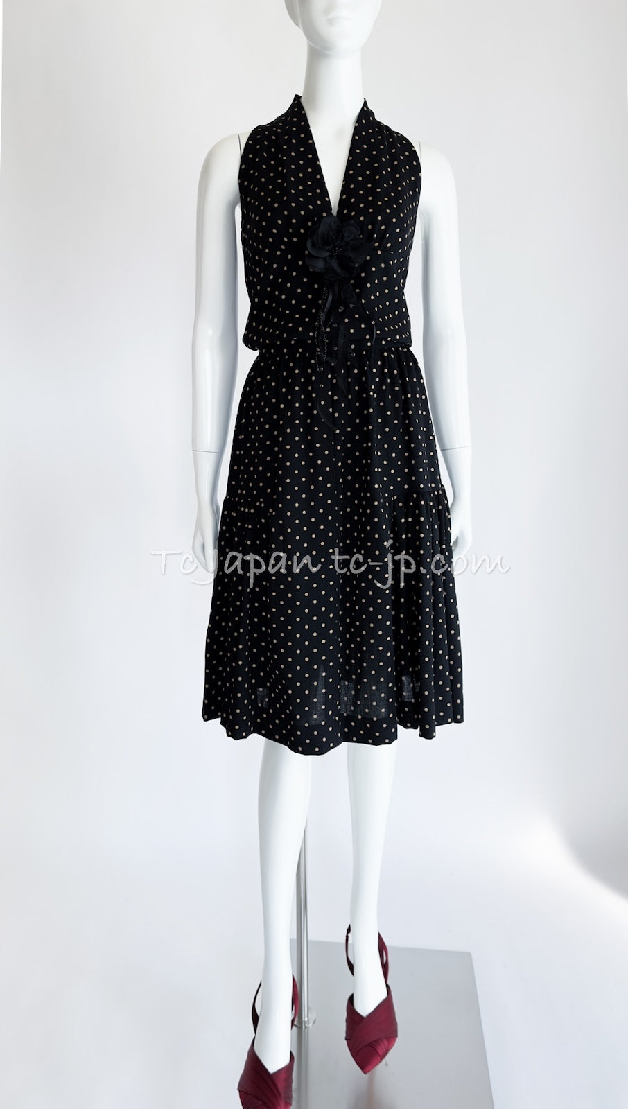 CHANEL 89S Black Beige Wool Dot Print Dress 34 36 シャネル ブラック ベージュ ウール ドット柄 ワンピース 即発