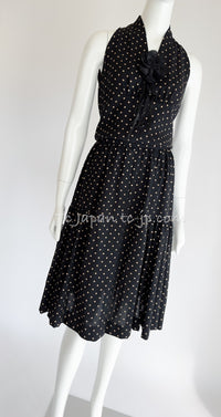 CHANEL 89S Black Beige Wool Dot Print Dress 34 36 シャネル ブラック ベージュ ウール ドット柄 ワンピース 即発