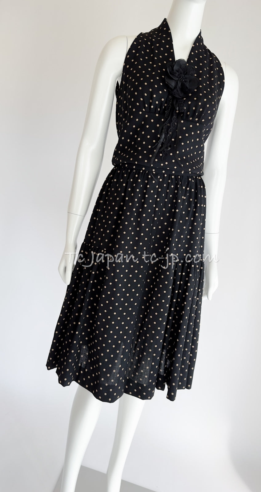 CHANEL 89S Black Beige Wool Dot Print Dress 34 36 シャネル ブラック ベージュ ウール ドット柄 ワンピース 即発