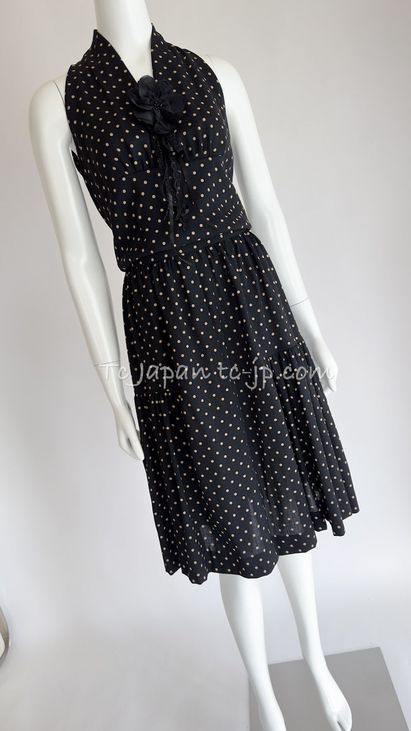 CHANEL 89S Black Beige Wool Dot Print Dress 34 36 シャネル ブラック ベージュ ウール ドット柄 ワンピース 即発
