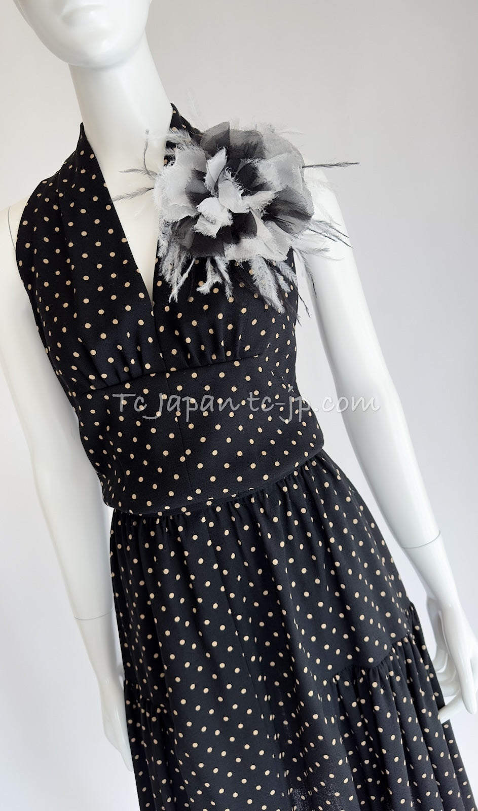 CHANEL 89S Black Beige Wool Dot Print Dress 34 36 シャネル ブラック ベージュ ウール ドット柄 ワンピース 即発