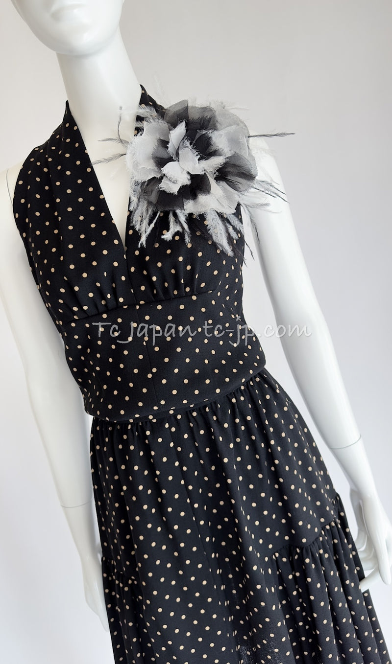 CHANEL 89S Black Beige Wool Dot Print Dress 34 36 シャネル ブラック ベージュ ウール ドット柄 ワンピース 即発