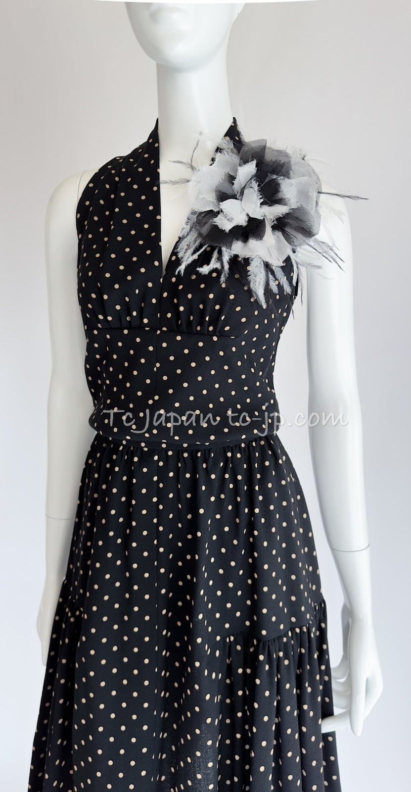 CHANEL 89S Black Beige Wool Dot Print Dress 34 36 シャネル ブラック ベージュ ウール ドット柄 ワンピース 即発