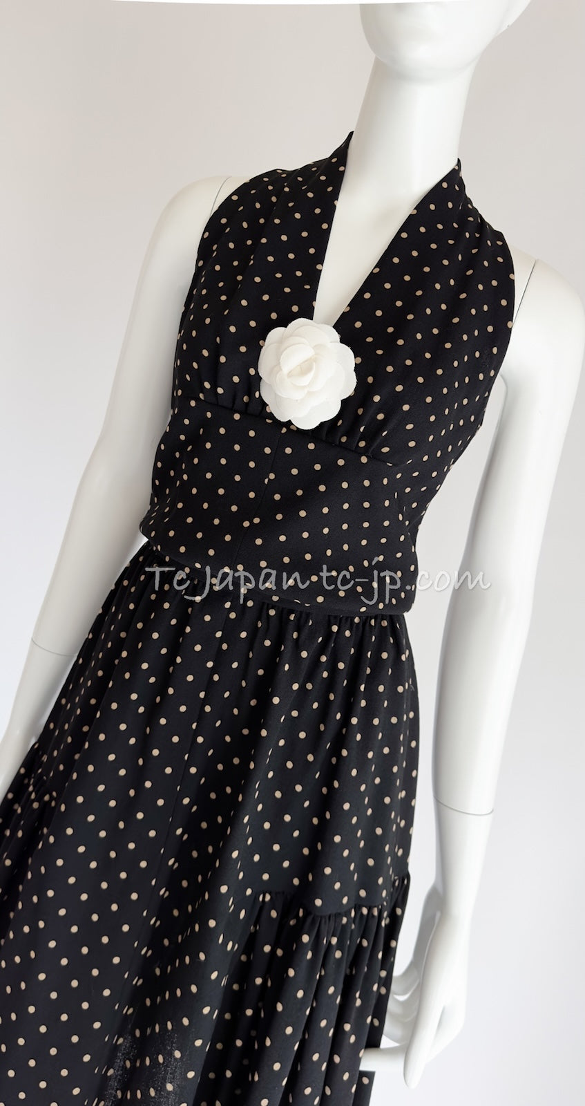 CHANEL 89S Black Beige Wool Dot Print Dress 34 36 シャネル ブラック ベージュ ウール ドット柄 ワンピース 即発