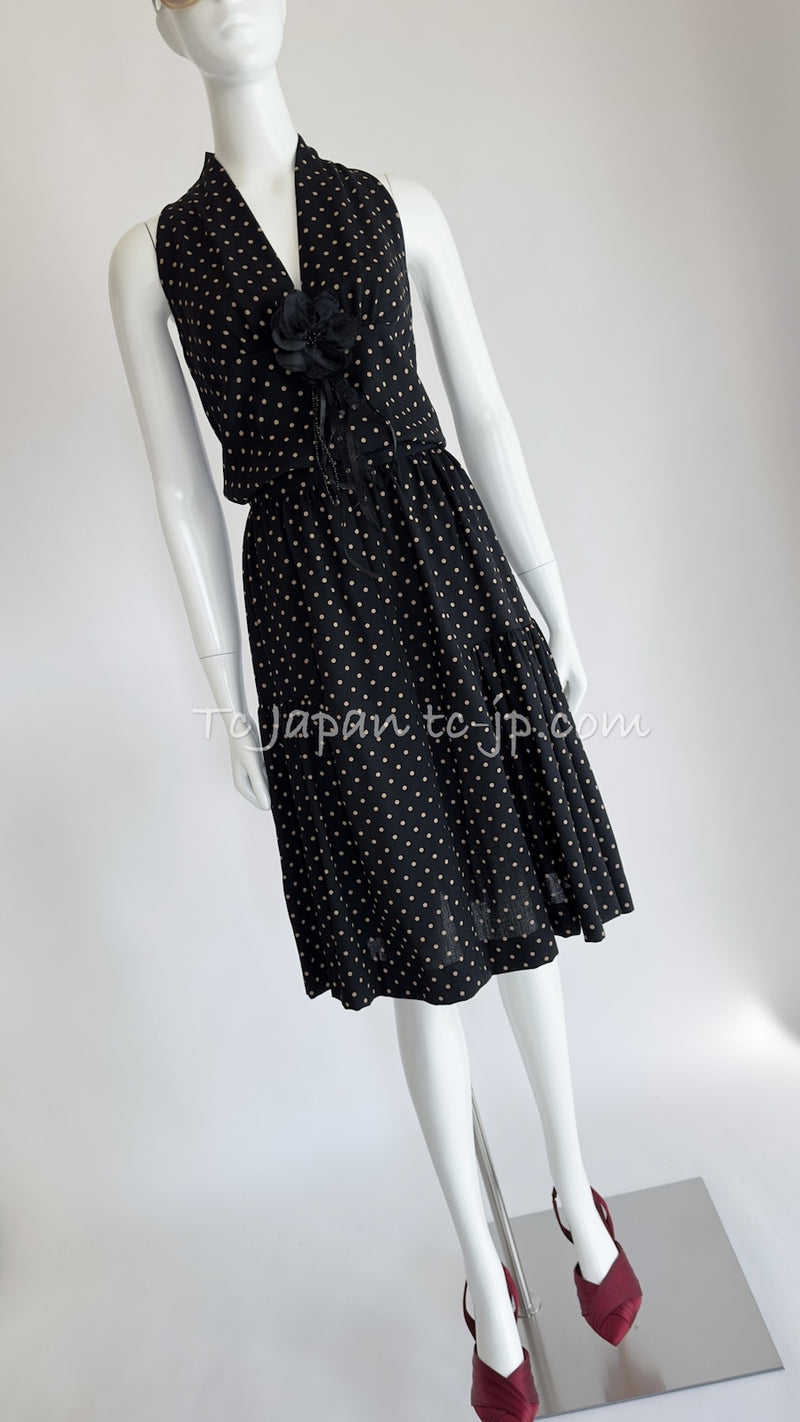 CHANEL 89S Black Beige Wool Dot Print Dress 34 36 シャネル ブラック ベージュ ウール ドット柄 ワンピース 即発