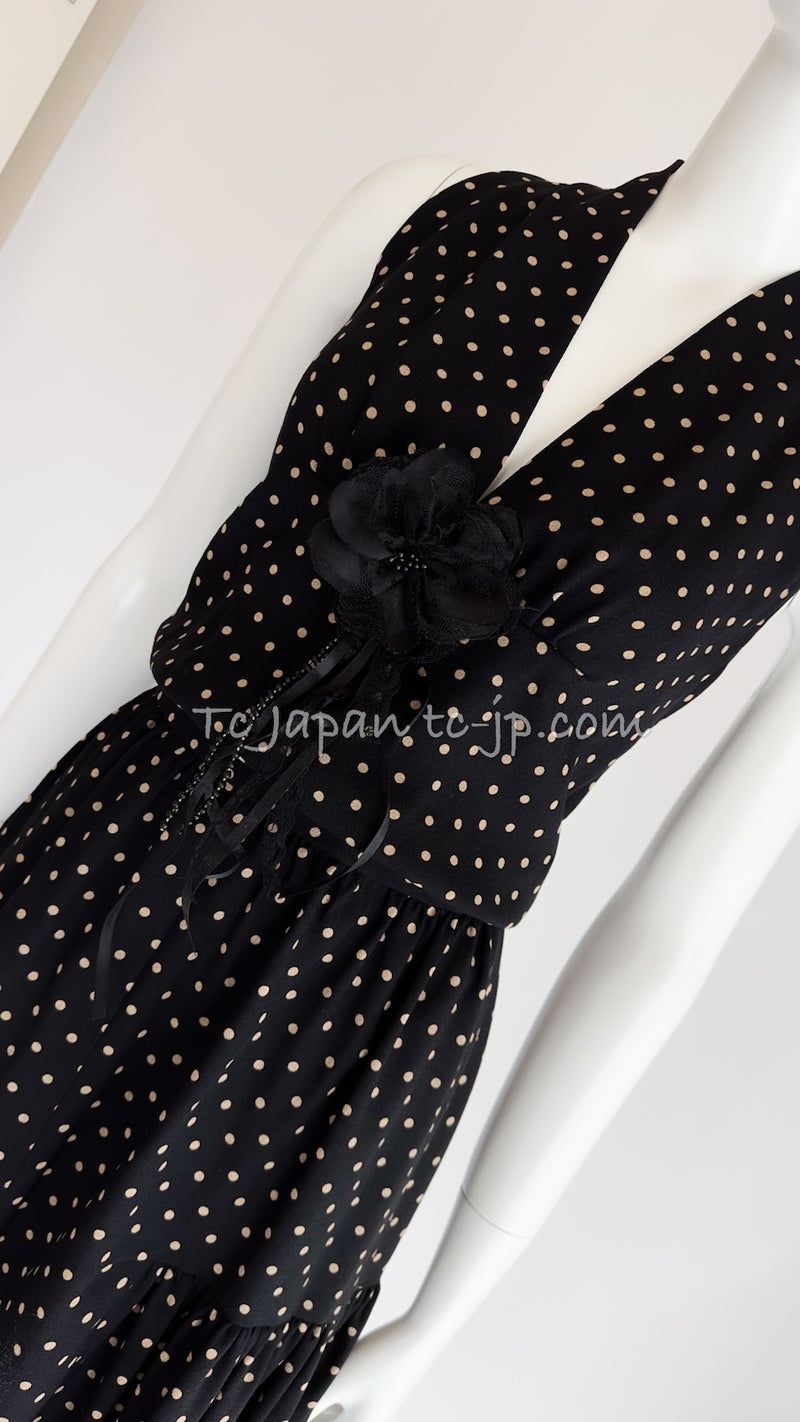 CHANEL 89S Black Beige Wool Dot Print Dress 34 36 シャネル ブラック ベージュ ウール ドット柄 ワンピース 即発