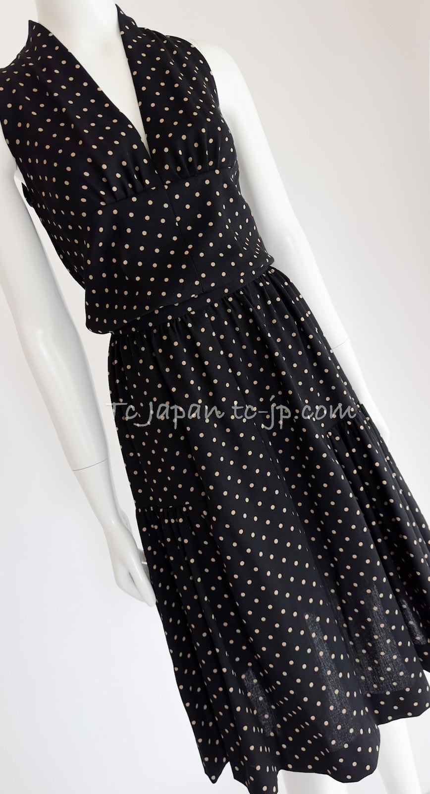 CHANEL 89S Black Beige Wool Dot Print Dress 34 36 シャネル ブラック ベージュ ウール ドット柄 ワンピース 即発