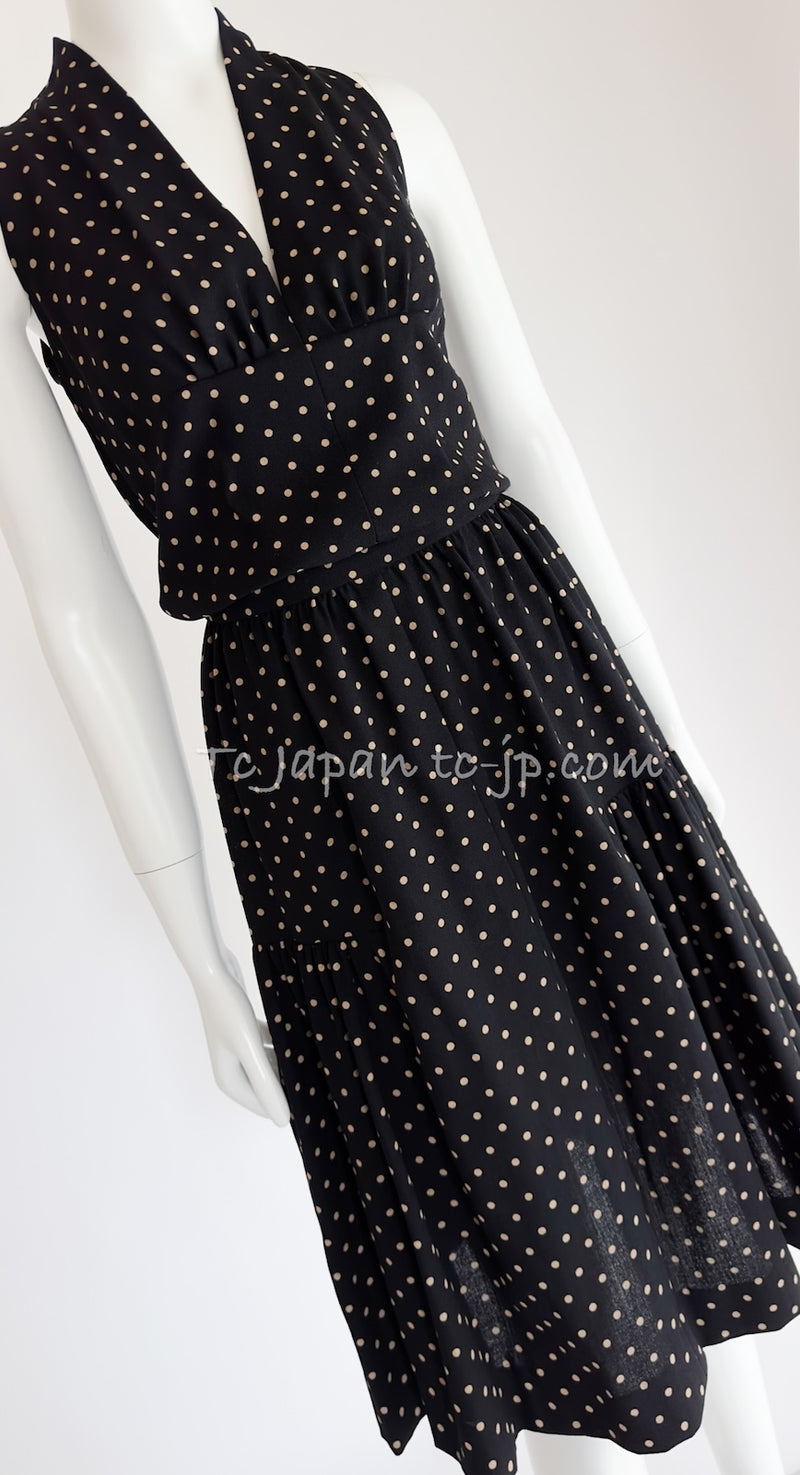 CHANEL 89S Black Beige Wool Dot Print Dress 34 36 シャネル ブラック ベージュ ウール ドット柄 ワンピース 即発