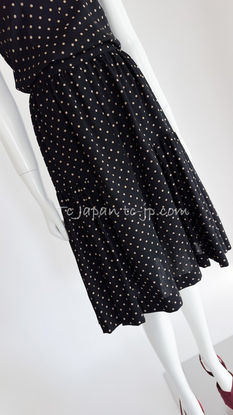 CHANEL 89S Black Beige Wool Dot Print Dress 34 36 シャネル ブラック ベージュ ウール ドット柄 ワンピース 即発