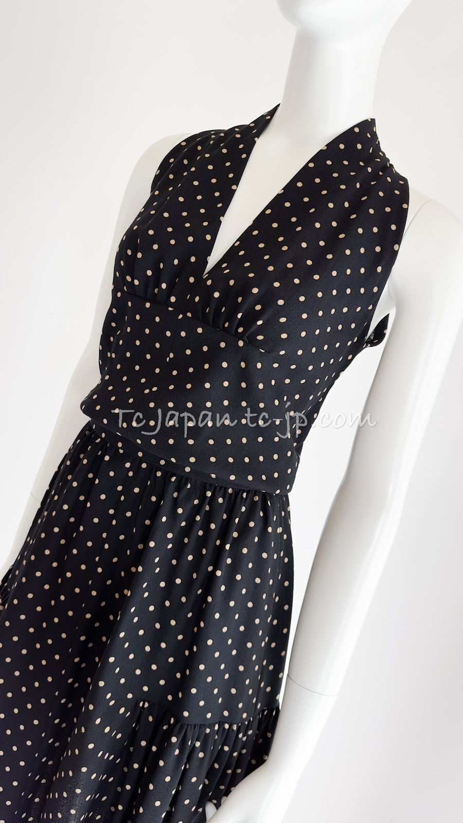 CHANEL 89S Black Beige Wool Dot Print Dress 34 36 シャネル ブラック ベージュ ウール ドット柄 ワンピース 即発