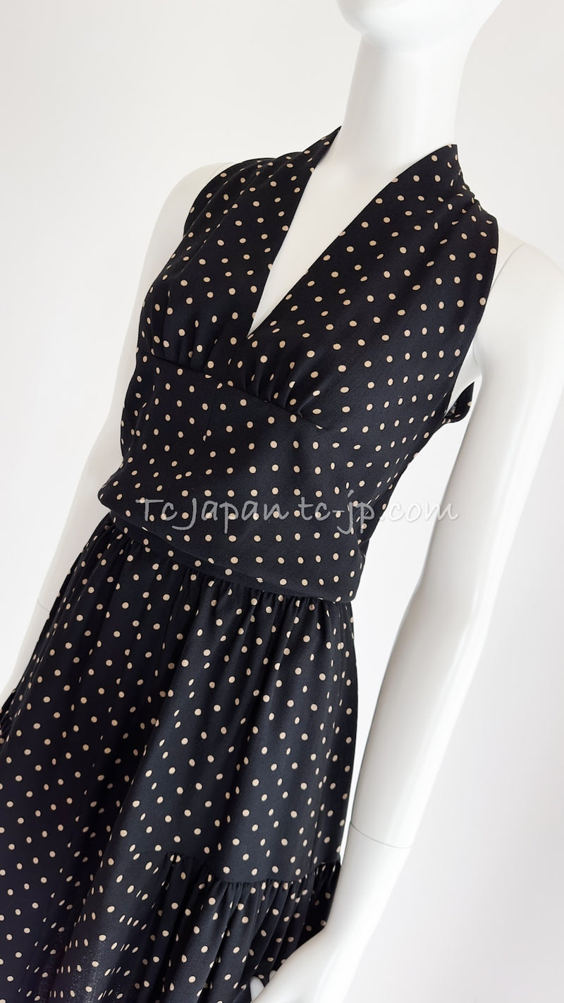 CHANEL 89S Black Beige Wool Dot Print Dress 34 36 シャネル ブラック ベージュ ウール ドット柄 ワンピース 即発