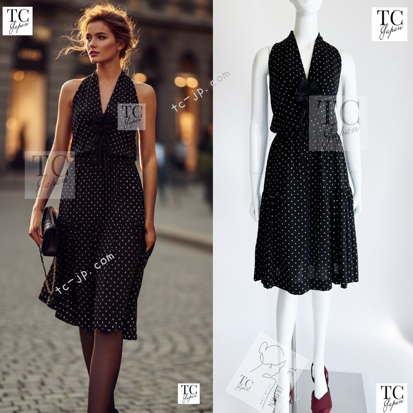 CHANEL 89S Black Beige Wool Dot Print Dress 34 36 シャネル ブラック ベージュ ウール ドット柄 ワンピース 即発