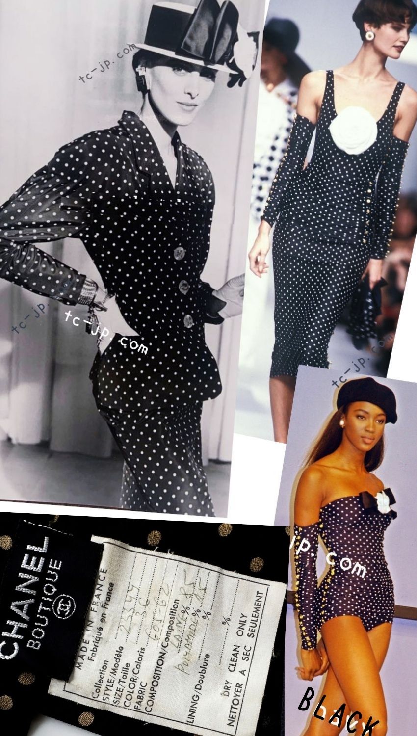 CHANEL 89S Black Beige Wool Dot Print Dress 34 36 シャネル ブラック ベージュ ウール ドット柄 ワンピース 即発