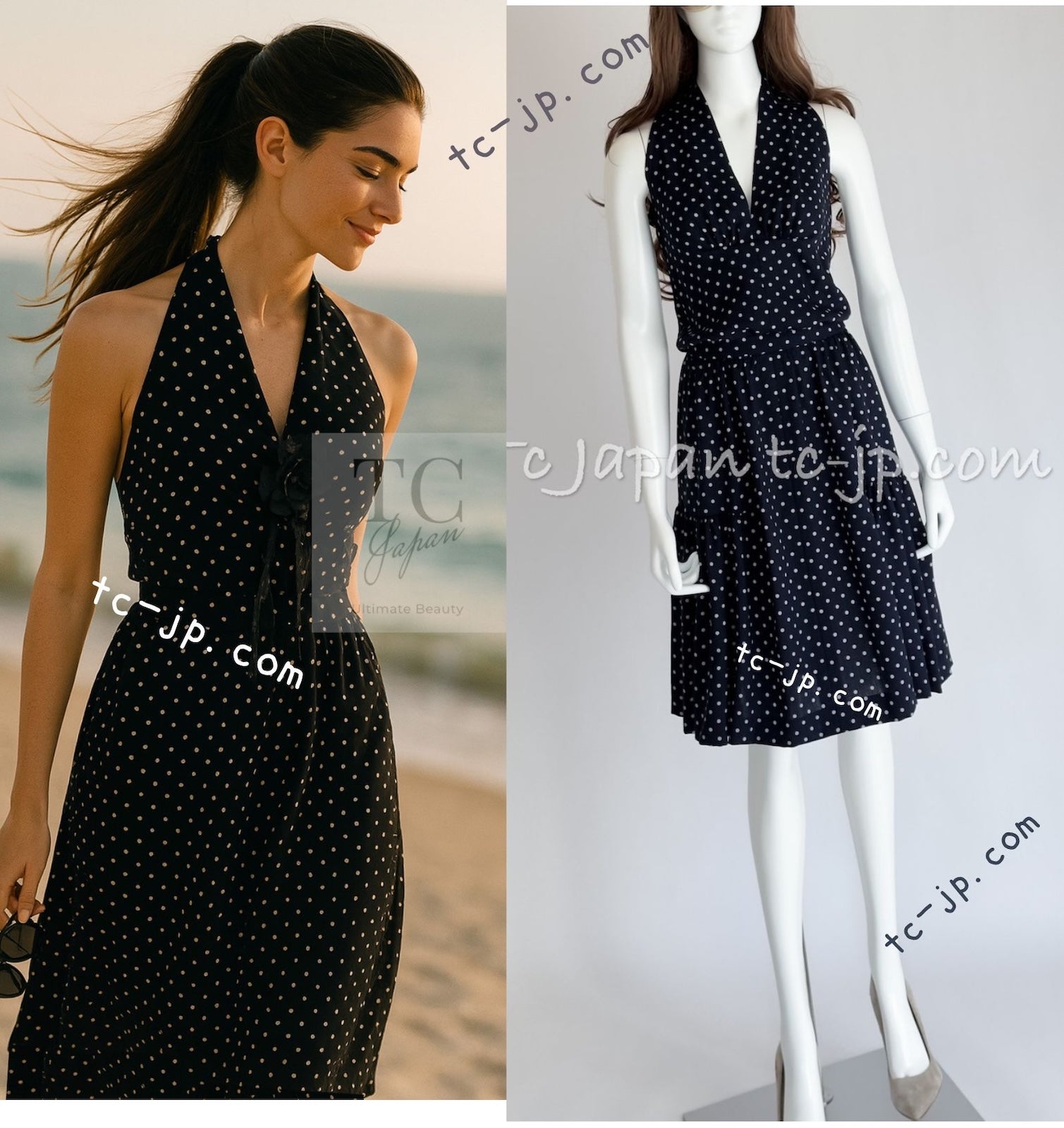 CHANEL 89S Vintage Navy Gray Wool Dot Print Dress 34 36 シャネル ヴィンテージ ネイビー グレー ウール ドット柄 ワンピース 即発