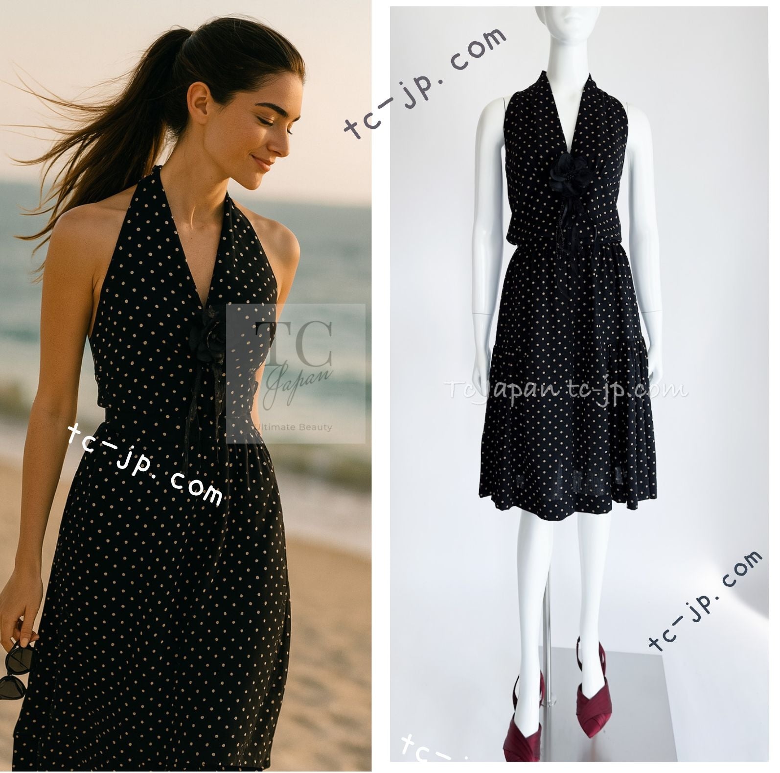 CHANEL 89S Black Beige Wool Dot Print Dress 34 36 シャネル ブラック ベージュ ウール ドット柄 ワンピース 即発