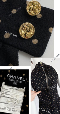 CHANEL 89S Black Beige Wool Dot Print Dress 34 36 シャネル ブラック ベージュ ウール ドット柄 ワンピース 即発
