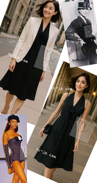 CHANEL 89S Vintage Navy Gray Wool Dot Print Dress 34 36 シャネル ヴィンテージ ネイビー グレー ウール ドット柄 ワンピース 即発