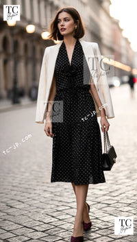 CHANEL 89S Black Beige Wool Dot Print Dress 34 36 シャネル ブラック ベージュ ウール ドット柄 ワンピース 即発