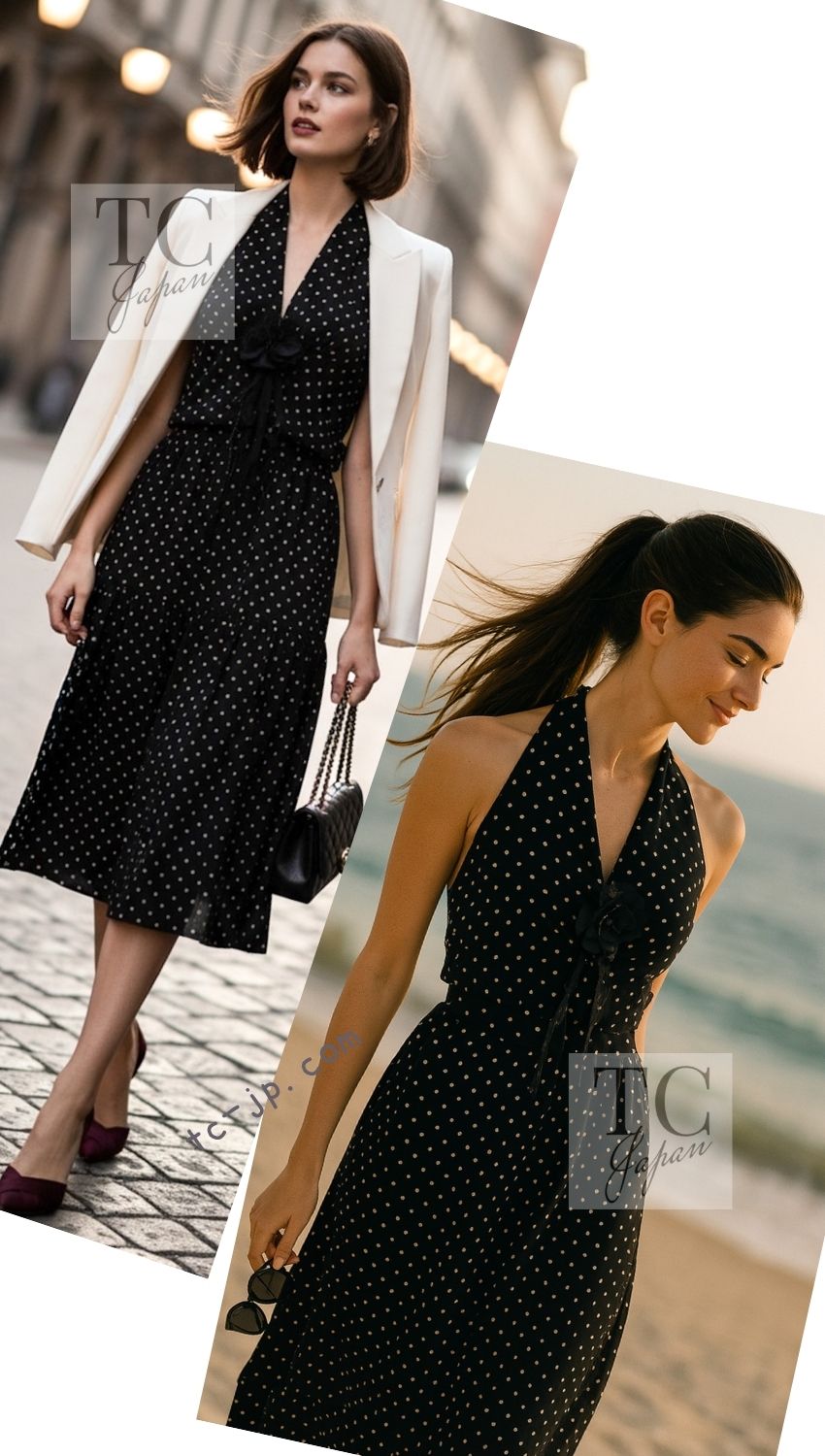 CHANEL 89S Black Beige Wool Dot Print Dress 34 36 シャネル ブラック ベージュ ウール ドット柄 ワンピース 即発