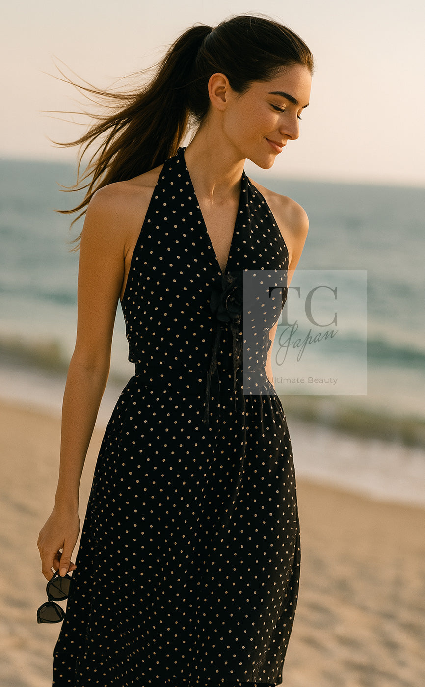 CHANEL 89S Black Beige Wool Dot Print Dress 34 36 シャネル ブラック ベージュ ウール ドット柄 ワンピース 即発