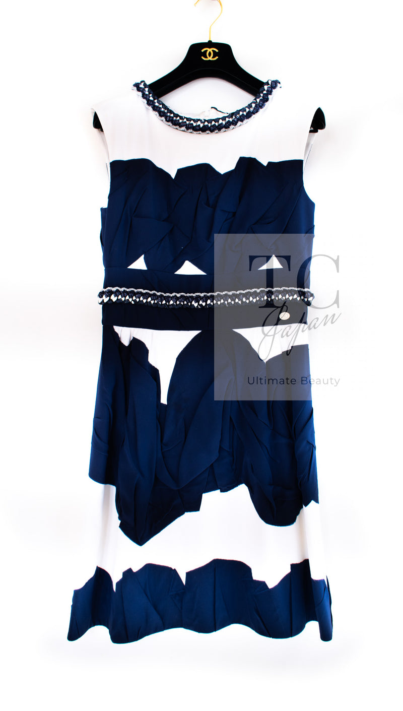CHANEL 14S White Navy Blue Chain Trim Silk Cotton Sleeveless Dress 38 シャネル ホワイト ネイビー ブルー チェーントリム シルク コットン ノースリーブ ワンピース 即発