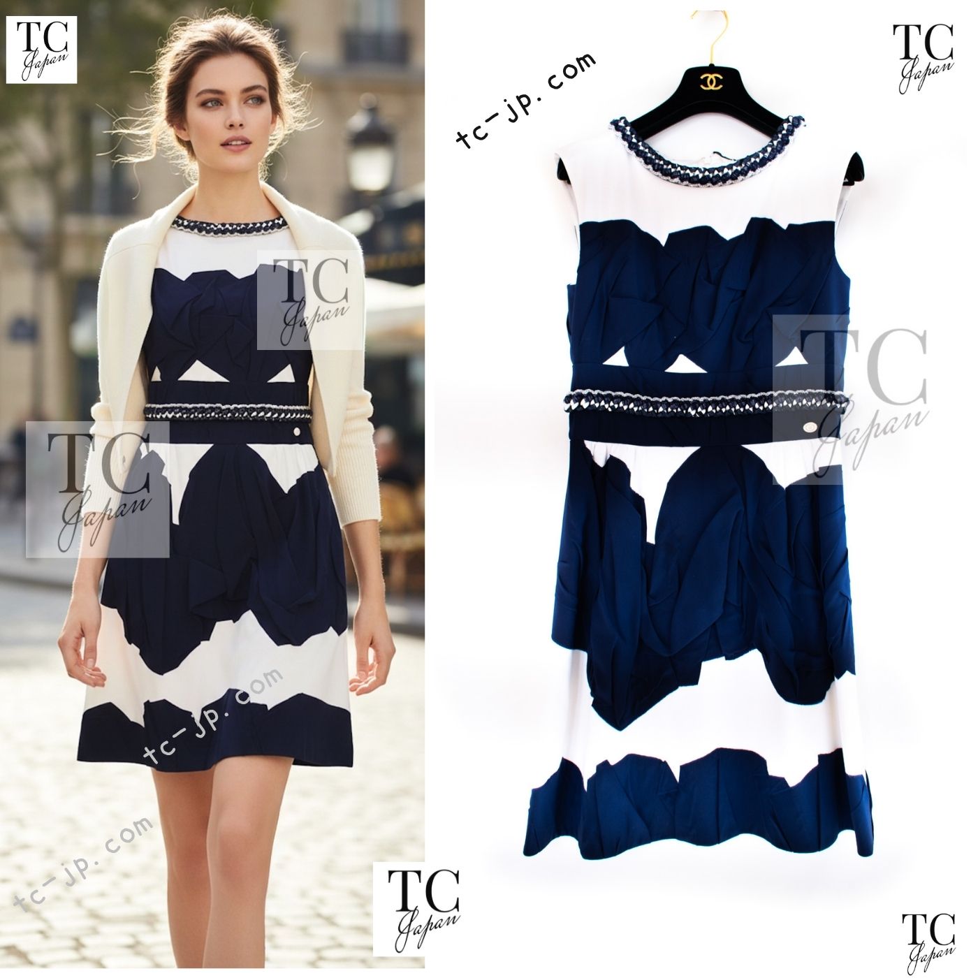 CHANEL 14S White Navy Blue Chain Trim Silk Cotton Sleeveless Dress 38 シャネル ホワイト ネイビー ブルー チェーントリム シルク コットン ノースリーブ ワンピース 即発