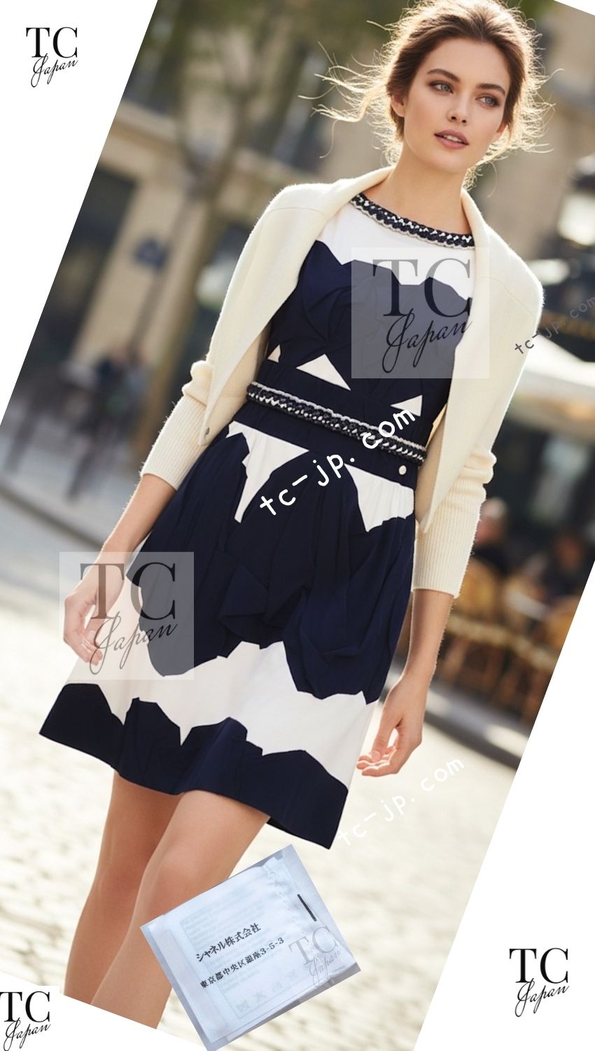 CHANEL 14S White Navy Blue Chain Trim Silk Cotton Sleeveless Dress 38 シャネル ホワイト ネイビー ブルー チェーントリム シルク コットン ノースリーブ ワンピース 即発