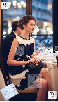 CHANEL 14S White Navy Blue Chain Trim Silk Cotton Sleeveless Dress 38 シャネル ホワイト ネイビー ブルー チェーントリム シルク コットン ノースリーブ ワンピース 即発