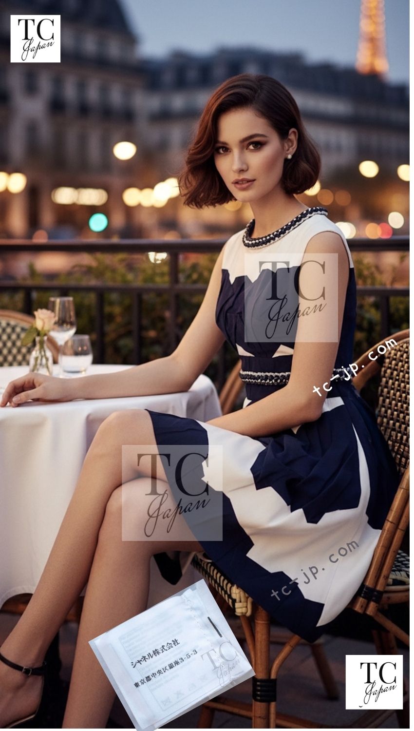 CHANEL 14S White Navy Blue Chain Trim Silk Cotton Sleeveless Dress 38 シャネル ホワイト ネイビー ブルー チェーントリム シルク コットン ノースリーブ ワンピース 即発