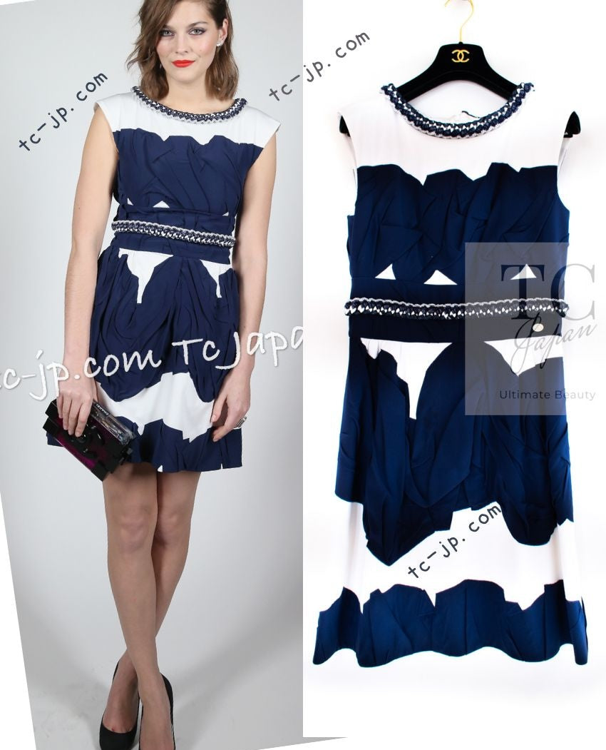 CHANEL 14S White Navy Blue Chain Trim Silk Cotton Sleeveless Dress 38 シャネル ホワイト ネイビー ブルー チェーントリム シルク コットン ノースリーブ ワンピース 即発