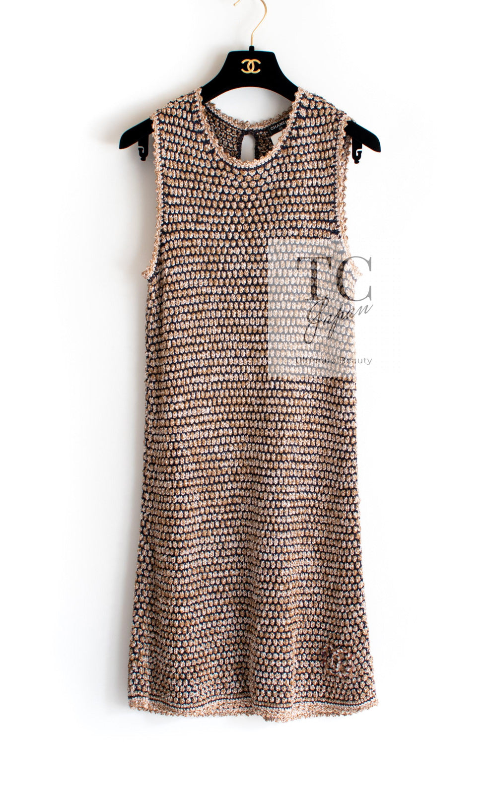 CHANEL 11S Champagne Gold Navy CC Logo Knit Dress 40 42 シャネル シャンパン ゴールド ネイビー ココマーク 女優の ニット ワンピース 即発
