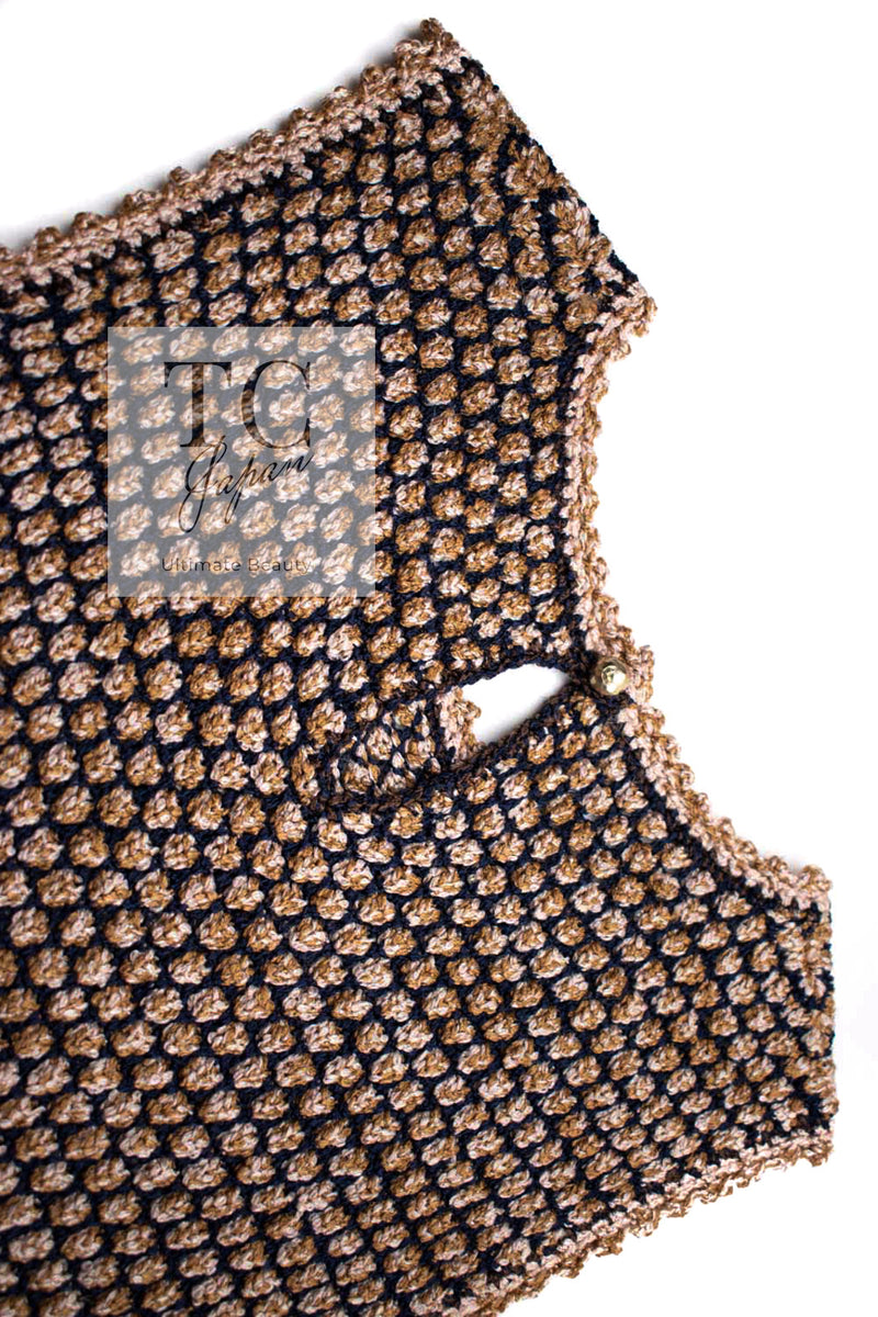 CHANEL 11S Champagne Gold Navy CC Logo Knit Dress 40 シャネル シャンパン ゴールド ネイビー ココマーク 女優の ニット ワンピース 即発