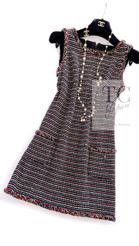 CHANEL 11C Black Border Multi Color Tweed Jacket Dress Setup 42 44 シャネル ブラック マルチカラー ストライプ ボーダー ツイード ジャケット ワンピース セットアップ 即発