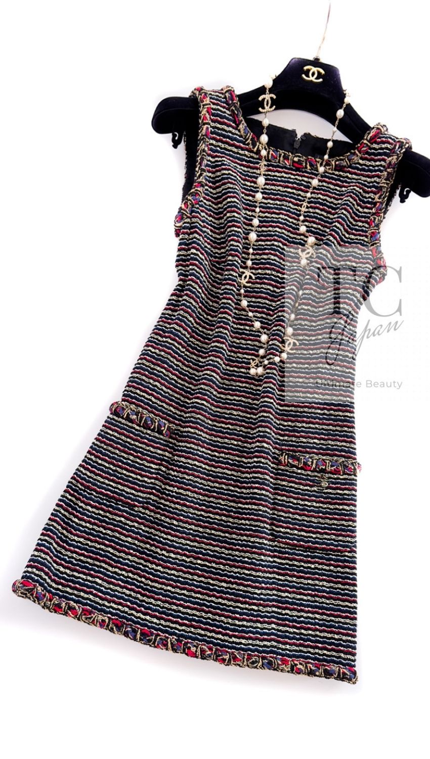 CHANEL 11C Black Border Multi Color Tweed Jacket Dress Setup 42 44 シャネル ブラック マルチカラー ストライプ ボーダー ツイード ジャケット ワンピース セットアップ 即発