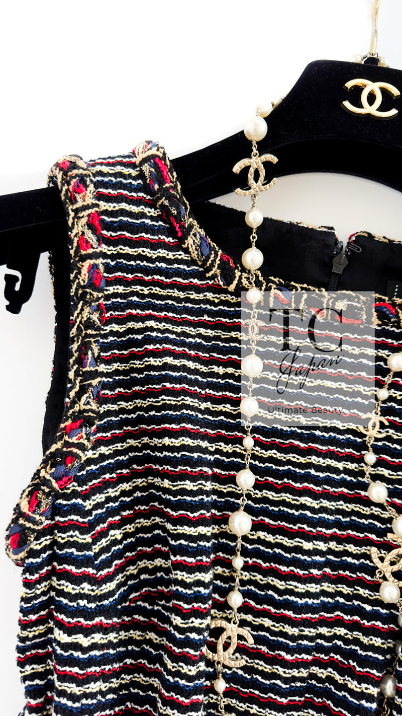 CHANEL 11C Black Border Multi Color Tunic Dress Tops 38 シャネル ブラック マルチカラー ストライプ ボーダー ツイード チュニック ワンピース トップス 即発