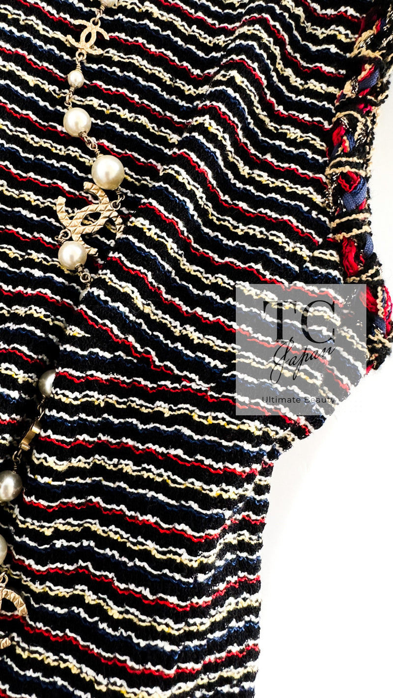CHANEL 11C Black Border Multi Color Tunic Dress Tops 38 シャネル ブラック マルチカラー ストライプ ボーダー ツイード チュニック ワンピース トップス 即発