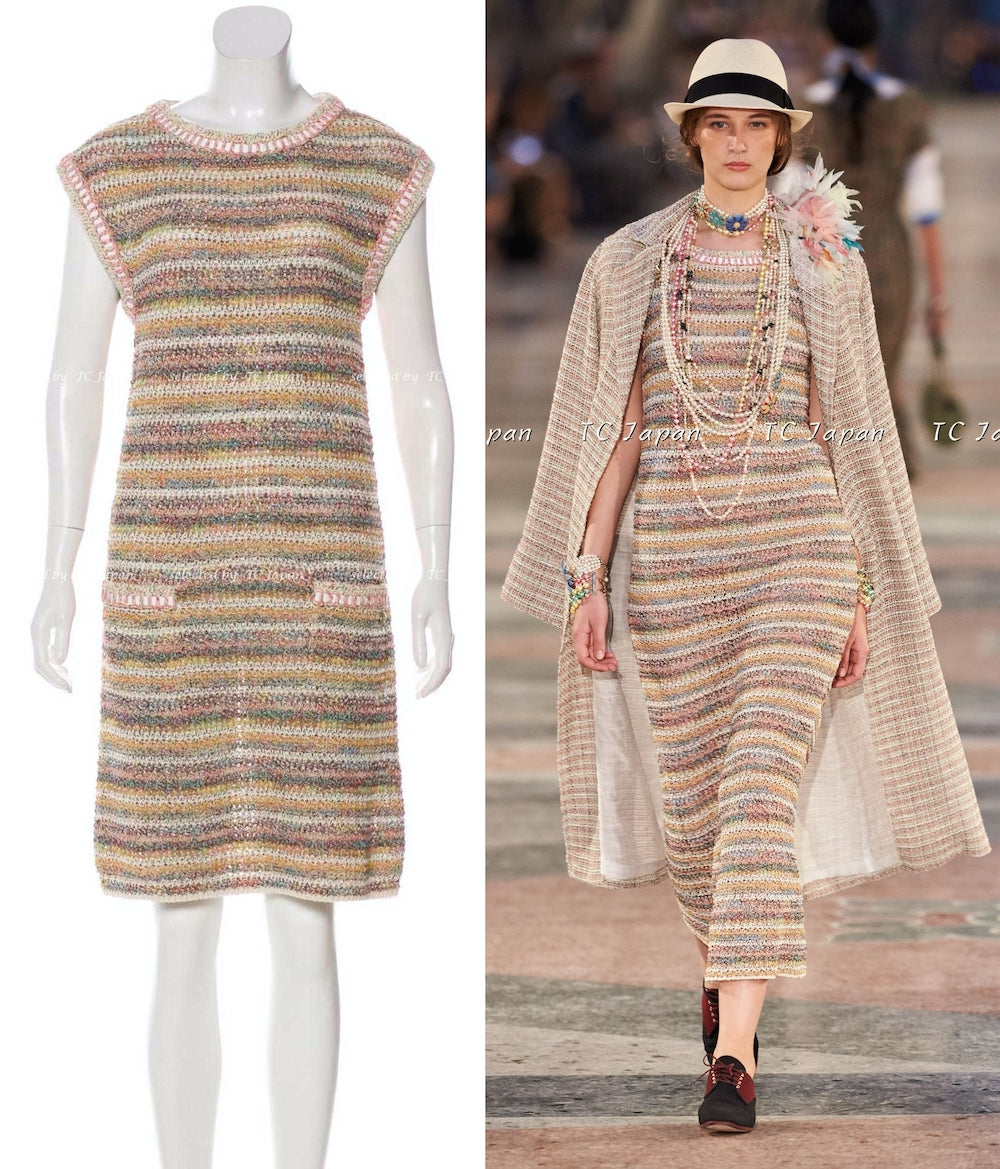 CHANEL 17C Creme Marigold Beige Cotton Stretch Knit Dress 44 シャネル クリーム マリゴールド ベージュ コットン ストレッチ ニット ワンピース 即発