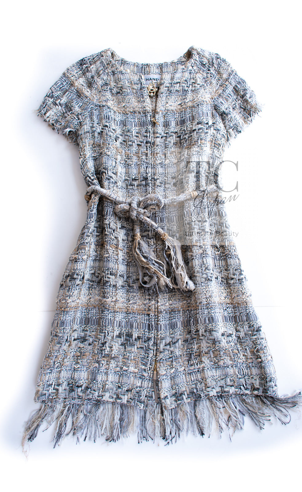 CHANEL 18C ivory beige grey tweed fringe women's dress 1