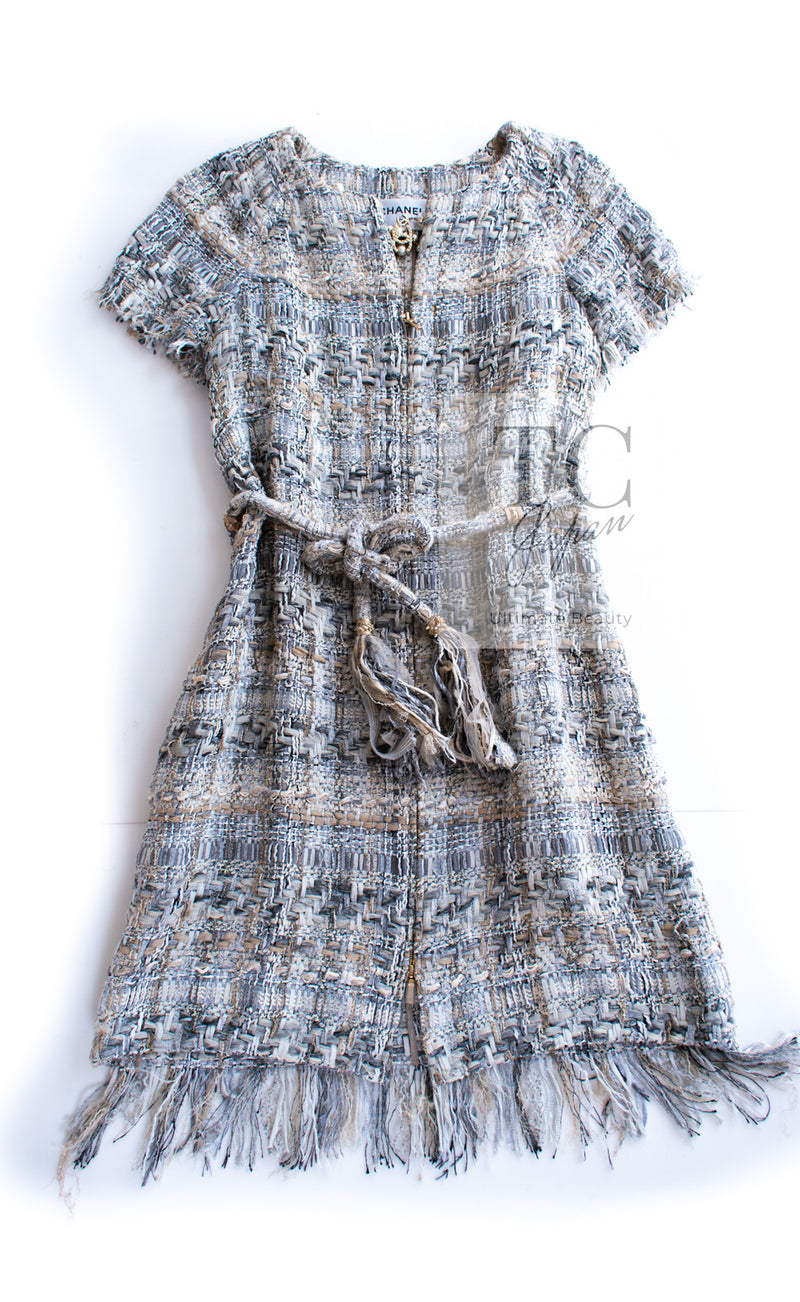 CHANEL 18C Gray Beige Ivory Fringe Tweed Dress 38 シャネル グレー ベージュ アイボリー フリンジ ツイード ワンピース 即発